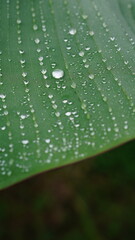 Close-up of a banana leaf with dewdrops on the surface, showing clear texture and selective focus