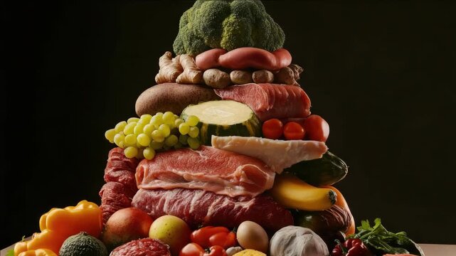 Vegetables and fruits stacked in a pyramid shape for dietary representation.