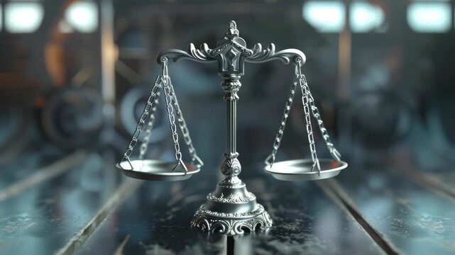 A silver scale with a chain hanging from it. The scale is on a wooden surface