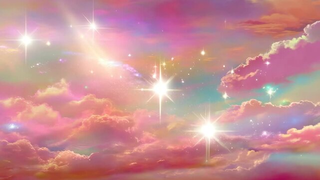 fantasy cloudy sky with pastel gradient color and stars, nature abstract background. Pastel pink clouds and glowing stars