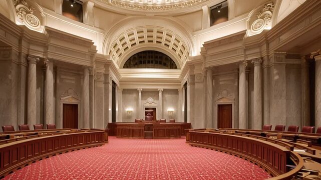 Wide interior view of a grand senate chamber, semicircular seating, empty desks, balanced symmetry, soft ambient lighting, neutral editorial architecture photography