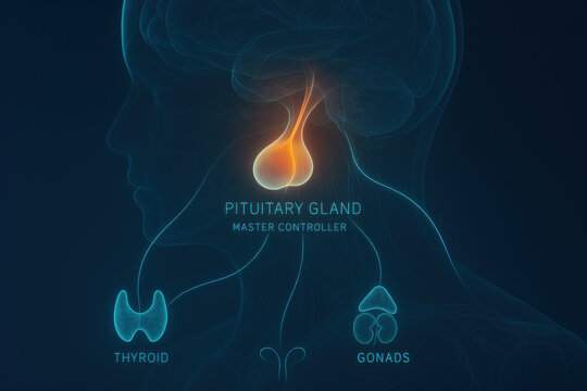 Futuristic medical visualization of pituitary gland. master controller of endocrine system with luminous connections to thyroid and gonad in conceptual design