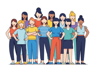 Obraz premium Group of diverse cartoon women standing together against a white background