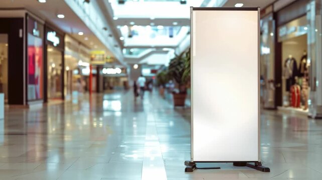 A white sign is standing in a mall. There are people walking around the mall