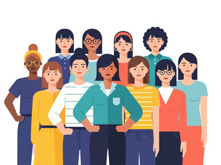 Obraz premium Group portrait of ten diverse women standing together illustrated