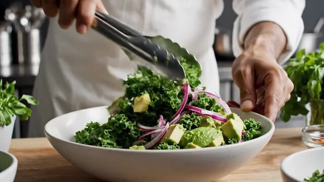 Chef prepares a vibrant kale and avocado salad with tongs in a professional kitchen setting showcasing healthy eating and fresh ingredients for culinary use