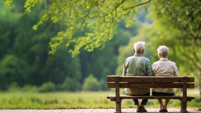 Senior couple sitting on a wooden bench in a nature park. Background with copy space.