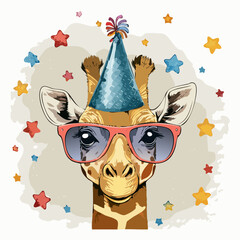 Cool Party Giraffe with Sunglasses and Birthday Hat Illustration