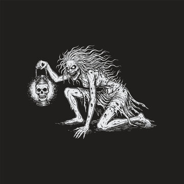 Terrifying undead witch zombie holding a glowing skull lantern in detailed engraving style.