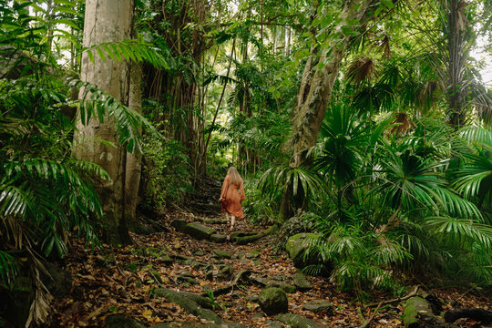Long-haired woman in brown polka dot dress walking through dense