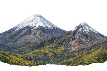 Fototapeta premium Volcanic mountains showcasing snow summit and steep rocky slopes, surrounded by rolling green hills, a raw natural wilderness