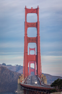 Iconic Red Golden Gate Bridge Over the Bay With Traffic and Dist