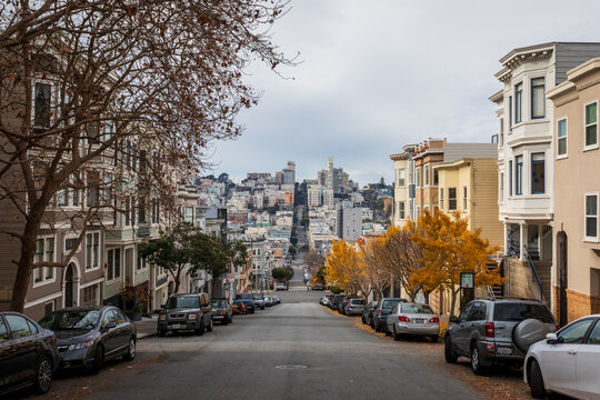 Hilly Urban Street Overlooking Dense Residential Neighborhood wi