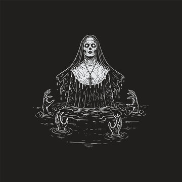 Creepy horror nun with skeleton face emerging from dark water in hand drawn engraving style.