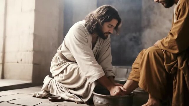 Jesus Christ washing the feet of his disciple. Biblical scene concept.