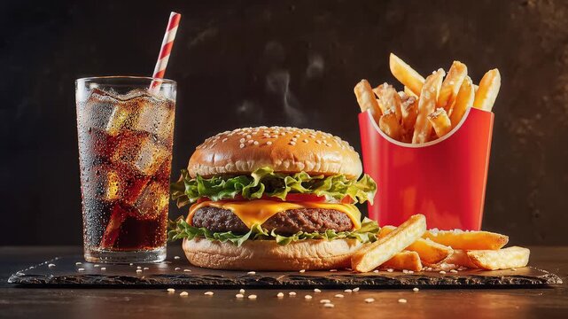 Steaming Hot Cheeseburger French Fries and Cold Soda Drink Combo