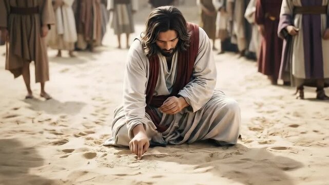 Jesus Christ writes on the ground with his finger. Biblical scene concept, religious theme.