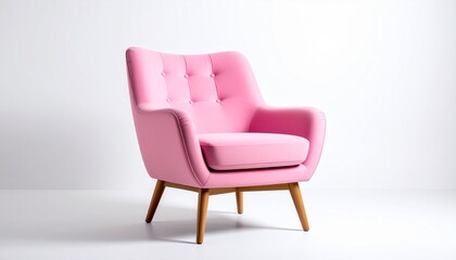 A vibrant pink armchair with wooden legs against a white background
