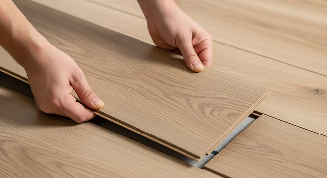 Professional craftsman installing luxury vinyl plank flooring with waterproof wood texture, manual interlocking renovation of residential floor showing detail of click lock installation process.