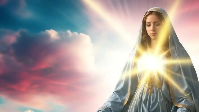 Blessed Virgin Mary sacred heart in a vivid sky background. Religious conceptual theme with copy space.