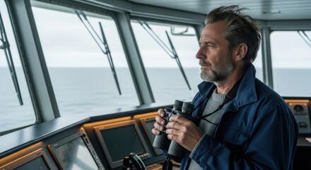 Mature caucasian male with beard observing ocean through binoculars on ship's bridge in daytime