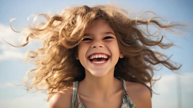 A young girl is happily smiling and enjoying herself at the beach.