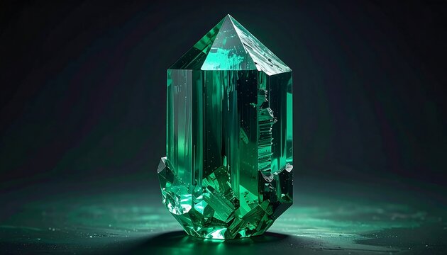 Dazzling, faceted, green gemstone, illuminated against a dark, textured background
