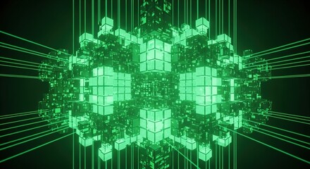 Abstract glowing green digital structure composed of illuminated cubes and interconnected by futuristic light beams against a dark background