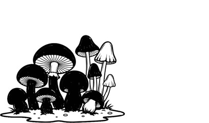 A cluster of black and white mushrooms, some capped, some with gills