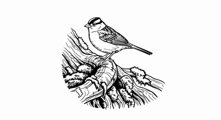 Obraz premium A detailed ink sketch of a small bird perched on a mossy, textured branch