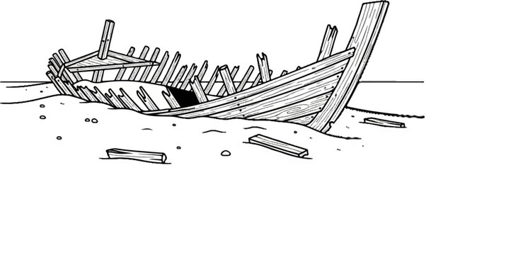 A detailed line drawing depicts a decaying wooden shipwreck on a sandy shore