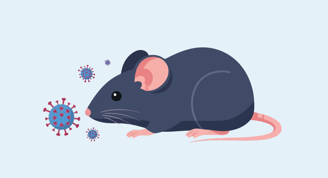 A dark grey rodent with pink ears and tail is near virus-like particles