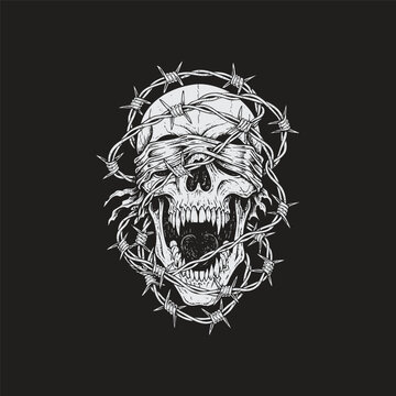 Vintage woodcut engraving of a screaming human skull with fangs wrapped in sharp barbed wire in dark gothic horror style.