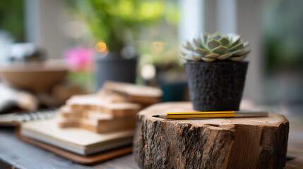 Wood samples sketchbook pencil and succulent, defocused natural wood desk, interior design inspiration, creative planning workspace, with copy space