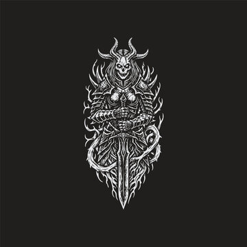 Vintage woodcut engraving of a demonic skeleton knight in full armor holding a greatsword surrounded by thorns in dark gothic style.