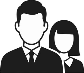 A black and white graphic of a man and woman in business attire