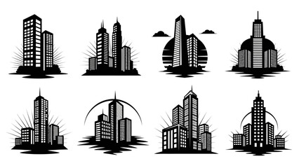 Obraz premium Various stylized city skylines with sun or water elements in black silhouette graphics