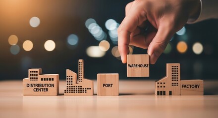 Manager strategically places a wooden block labeled warehouse connecting factory port and distribution center models representing supply chain optimization concept