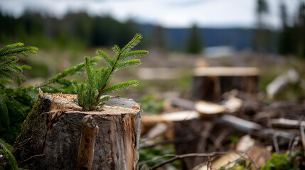 Fototapeta premium Clear-cut forest area with tree stumps, defocused felled logs and branches scattered on ground, logging and wood harvesting illustration, deforestation, with copy space