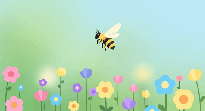 A bumblebee flies over a field of colorful, cartoonish flowers under a pale blue sky