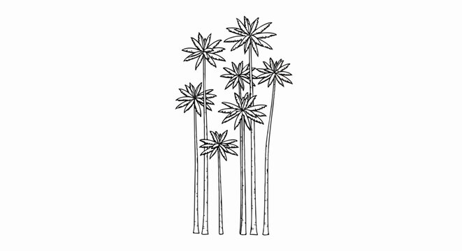 A black and white sketch of a cluster of tall palm trees with distinct fronds