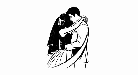 Obraz premium A bride in a veil and groom embrace tightly, with flowing fabric