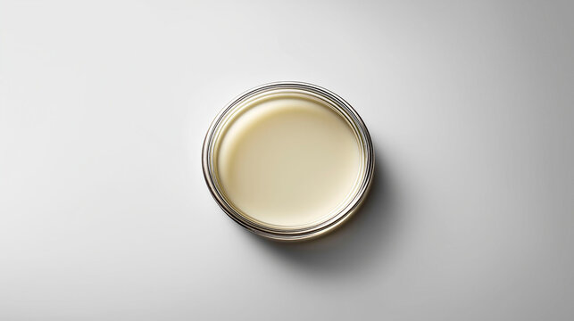 single sterile petri dish filled with nutrient agar seen from top view on a clean neutral background minimal laboratory composition with large copy space