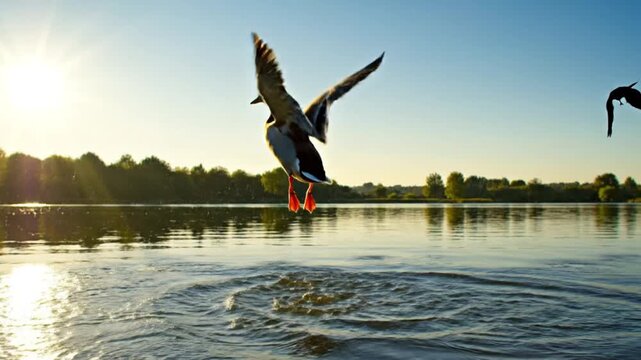 A duck ascends from water wings spread bright orange feet visible A dark bird silhouette is in the sky