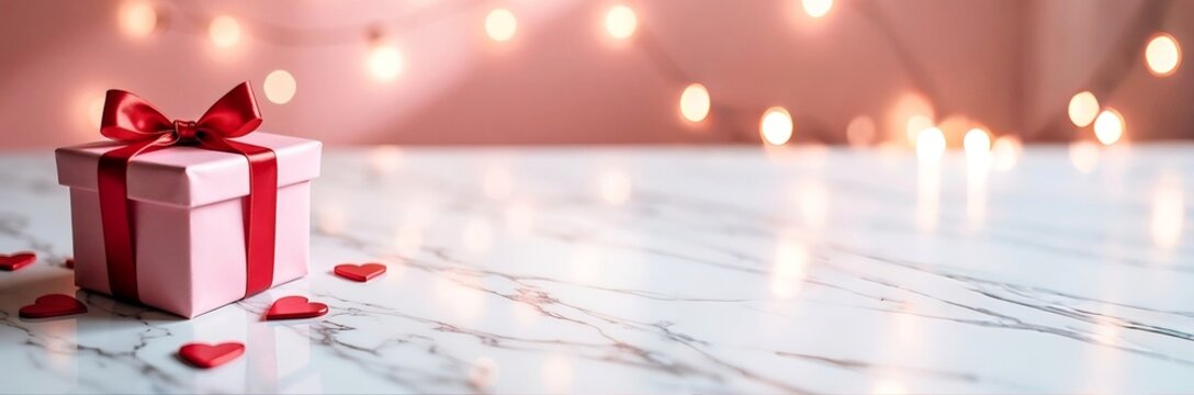 Marble table top, living room at background. Concept for Christmas, Valentine's Day, Mother's Day Women's Day flat lay, copy space, place for text.
