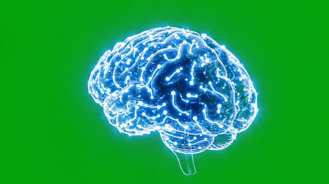 Glowing blue brain illustration with neon outline on green background, for science or medical presentation