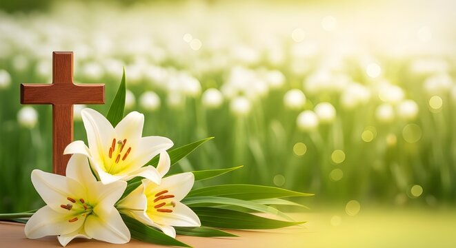 Easter cross and lilies in bloom symbolizing resurrection and new life on easter sunday morning