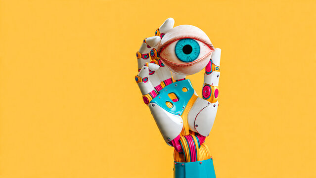Main de robot tenant un oeil