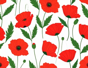 Fototapeta premium Digitally created repeating pattern of vibrant red poppy flowers with green leaves on white