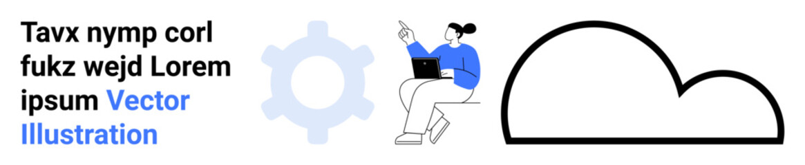 Cloud computing, workflow optimization, technology, data management, online collaboration, modern tech. Person working on laptop, gear cloud symbol. Cloud computing and workflow optimization visual